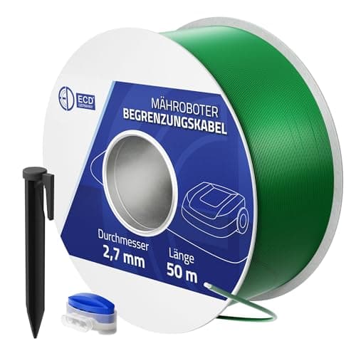 ECD Germany Câble Périphérique Universel pour Tondeuse-Robot, 50m, 12 Connecteurs de Câble + 200 Piquets de Terre, Ø 2,7 mm, Fils d'Aluminium Étamés et Cuivrés, Câble de Délimitation pour Jardins