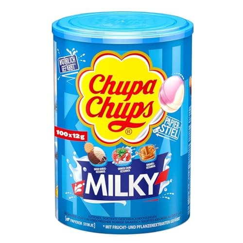 Chupa Chups - Tubo de 100 Sucettes - Parfums Choco/Vanille, Lait/Fraise, Caramel - 0 Pour cent de Matières Grasses - Idéal pour Fêtes d'Anniversaires - Boite Milky de 1,2 Kg