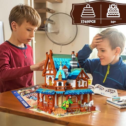 Joellfuner Médiéval Maison Construction Ensemble, Ensemble de Briques de Construction, Médiéval Lot de Blocs de Construction avec LED lumière pour Enfants Garçons Filles Agés 14+ (Hôtels Médiévaux)