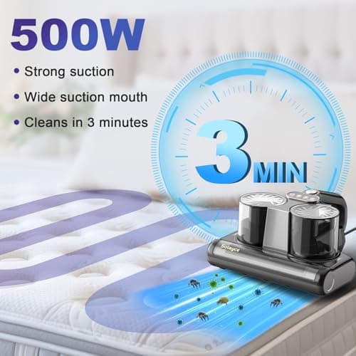 Solayce Aspirateur Anti-acariens pour Matelas, 16 KPA avec lumière UV 500 W, Forte Puissance d'aspiration avec Fonction air Chaud, ultrasons, élimine 99,9% des bactéries, allergènes et acariens
