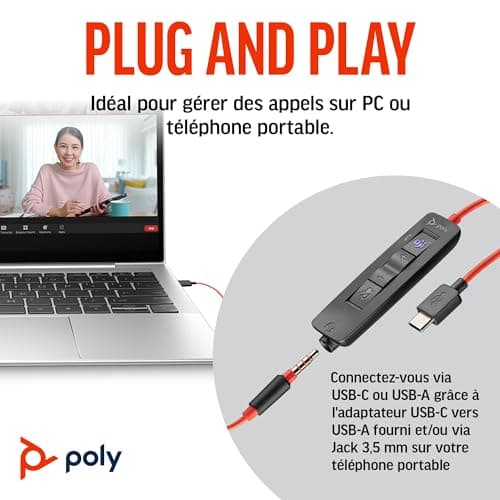 Micro-casque filaire Poly Blackwire 3325 – Perche de microphone flexible – Son stéréo hi-fi - PC/Mac/téléphone portable - Certifié pour Microsoft Teams