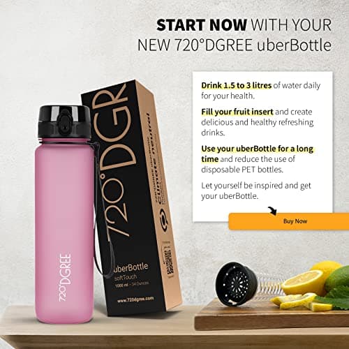 720°DGREE Gourde d'Eau 1l “uberBottle“ +Fruit-Infuseur softTouch - Sans BPA, Anti-fuite - Bouteille, water bottle idéale pour Enfants, Sport, Randonnée, Gym, Camping, Université, Voyage, Travail, Yoga