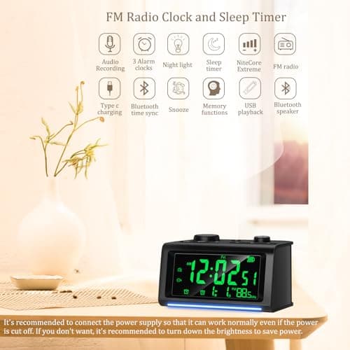 VORRINC Radio Réveil, Radio-Réveil Peut Enregistrer des Sonneries d'alarme, Synchronisation de l'heure du Téléphone Portable, 3 Alarmes, Bluetooth, Snooze, Reveil Numerique pour la Chambre, Noir