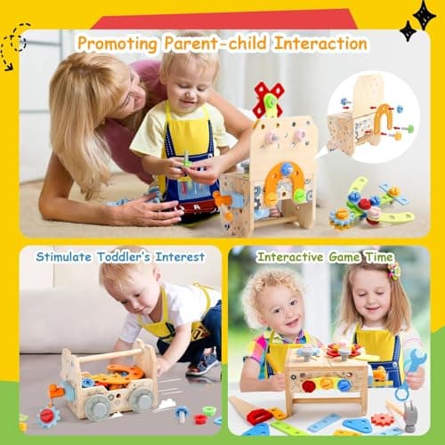Caisse a Outil Enfant Jouet Enfant 2 Ans, 3 en 1 Boite a Outils Enfant Etabli Enfant Jeux Enfant 3 4 Ans, Jouet en Bois Jouet Montessori Jeu Educatif Cadeau Enfant 2 3 4 Ans(52 Pièces )