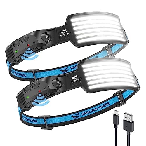 Smiling Shark Lampe Frontale LED, 2 Pièces Angle Large 6*LED Bandes Lumineuses Blanche Headlamps Rechargeable Capteur de Motion Étanche pour Camping
