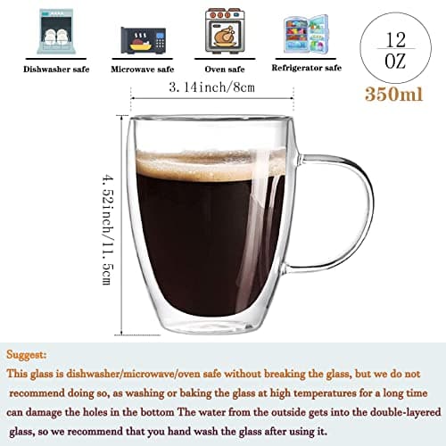 Lot de 4 Tasses à café en verre à double paroi avec manches, tasses isothermes légères, résistant à la chaleur pour cappuccino, latte, thé, (4 pièces, 350 ml)