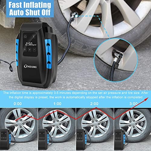 OneAmg Compresseur à Air Portatif 12V, Gonfleur Pneus Voiture 120W, Electrique Compresseur Air avec Affichage Digital et Lumière LED, 3M Câble pour Voiture Vélo (Bleu)