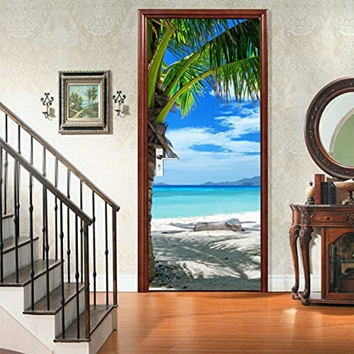 A.Monamour Sticker Porte Autocollant Poster De Porte 3D Cocotier Tropical Plage De Sable Bleu Mer Nature Paysage Vinyle Affiche De Porte Sticker Mural Papier Peint Art Décor 77 x 200 cm