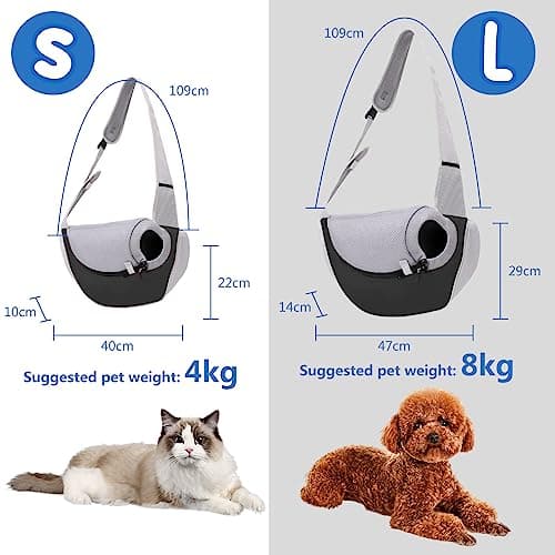 PETCUTE Sac de Transport pour Chien,Sac à Bandoulière pour Chat Chiot Réglable,Sac de Voyage pour Petits Animaux avec Pochette en Filet Respirant,Sac de Transport Chien pour Extérieur Marche,Noir,S