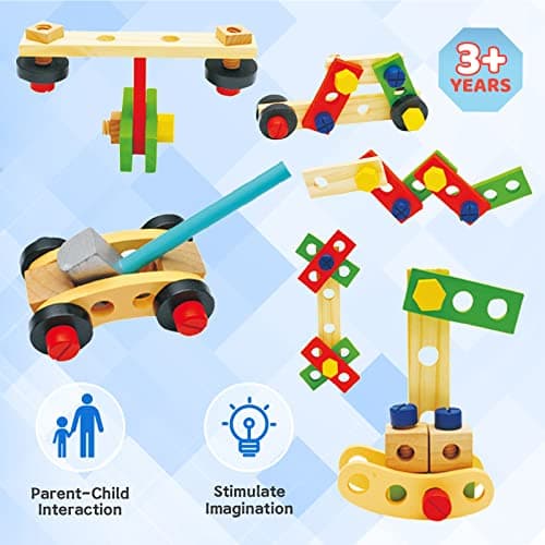 Withosent Caisse à Outils Enfant, 34 Pièces Jouets en Bois Boite a Outil Enfant, DIY Jeux de Construction Enfant pour Garçons Filles de 3 Ans