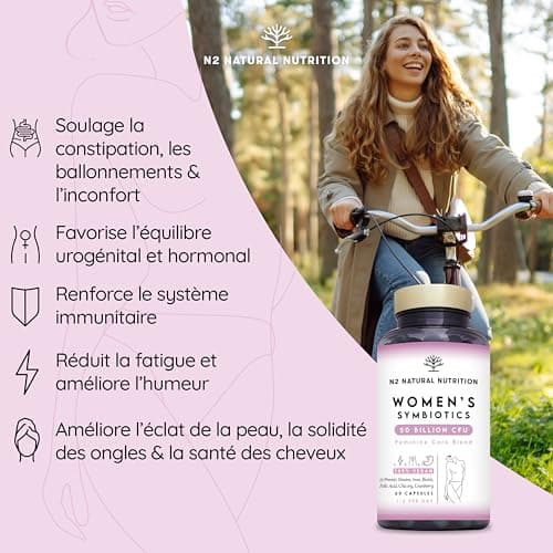 Formule Féminine Compléte avec Probiotiques, Fer, Cranberry et Acide Folique. Probiotique Flore Intestinale et Flore Vaginale (50 Milliards UFC) 60 Gélules. N2 Natural Nutrition
