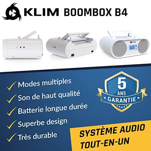 KLIM Boombox B4 Poste Radio CD Portable + Radio AM/FM, CD, Bluetooth, USB, MP3 + Mode Filaire et sans Fil avec Piles Rechargeables + Télécommande, Mode Veille Auto + Lecteur CD Portable + Blanc