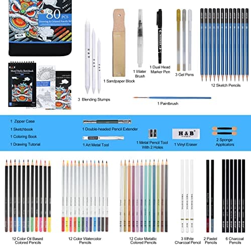 H & B Lot de 80 crayons à dessin, ensemble de crayons à croquis, kit de dessin professionnel avec livre de coloriage, carnet de croquis, 3 couleurs, enfants, débutants (noir)