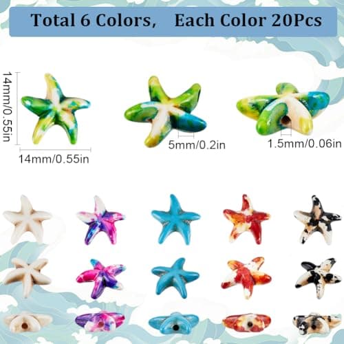 SUNNYCLUE 120 pièce de Perles D'Étoile de Mer Turquoise de 6 Couleurs, Perles d'animaux de L'Océan, Été Hawaii Plage Vie Marine, Pierres Précieuses Porte-Bonheur Colorées, Perles D'Espacement en Vrac