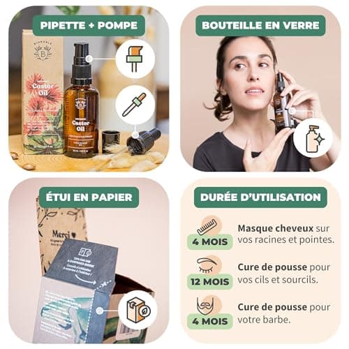 Bionoble Huile de Ricin Bio 50ml + Pipette et Pompe - Bouteille en Verre - 100% Pure, Naturelle, Pressée à Froid - Huile de Ricin pour Cheveux Cils Sourcils, Huile Barbe - Castor Oil, Huile Ricin