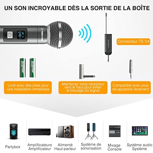 Phenyx Pro Système de Microphone sans Fil numérique Simple,avec 1 Microphone Dynamique à Main,Mini récepteur,5 fréquences UHF,Microphone sans Fil en métal pour Chanteur,karaoké, Mariage(PDP-1)