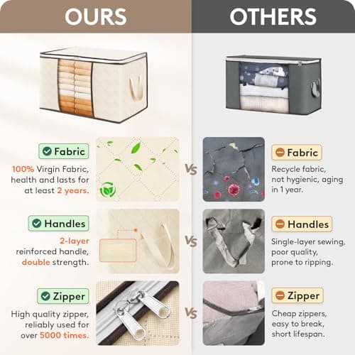 Lifewit Lot de 6 Sac Rangement Vetement 60L, Boite Rangement Déménagement Bac de Rangement pour Vêtements, Couvertures, Couettes, Caisse Rangement Pliable avec Poignée Renforcée, Beige