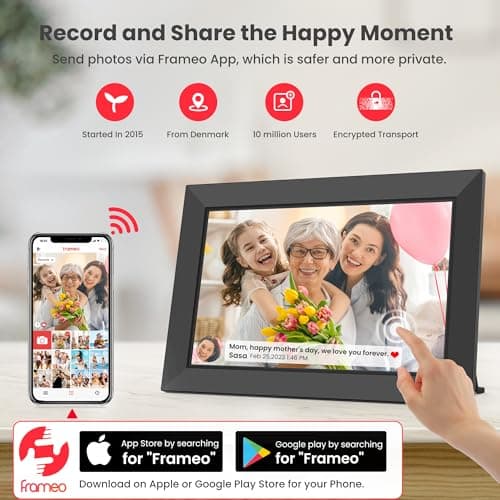 Frameo Cadre Photo Numérique WiFi 10,1 Pouces avec Mémoire Intégrée de 32 Go, Écran Tactile HD 1280x800 IPS pour Partager Photos et Vidéos, Support Multilingue, Rotation Automatique, Montage Mural