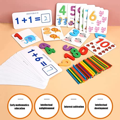 URFEDA Bâtonnets de comptage en bois, blocs de chiffres avec carte flash mathématiques, jouets d'apprentissage précoce Montessori, jouets éducatifs intelligence pour enfants de 3 ans et plus