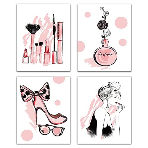 CREATCABIN 4pcs Mode Toile Mur Art Imprimer Affiche Ensemble Rose Talons Hauts Fleurs Parfum Maquillage Maison Mur Art Oeuvre Moderne pour Dressing Chambre Salle Bains Filles 8 x 10 Pouces