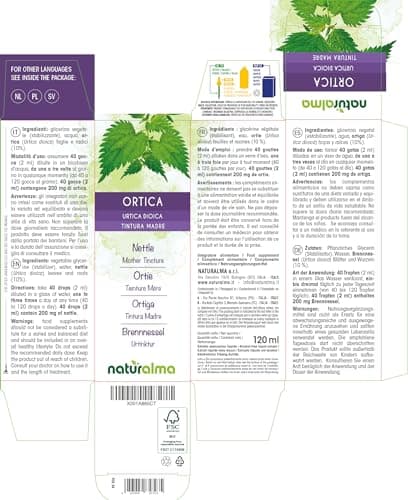 Ortie (Urtica dioica) feuilles et racines Teinture Mère sans alcool Naturalma - Extrait liquide gouttes 120 ml - Complément alimentaire - Végétalien ou végan