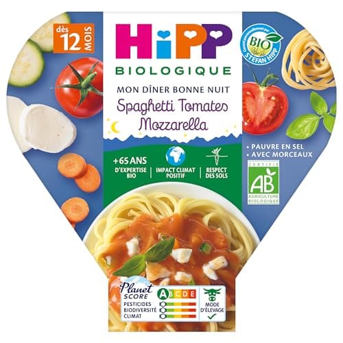 Hipp Biologique Mon Dîner Bonne Nuit Spaghetti Tomates Mozzarella dès 12 mois - 6 assiettes de 230 g