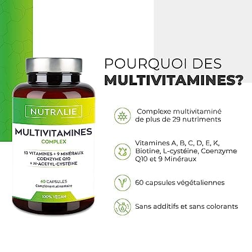 MULTIVITAMINES et Minéraux - Multi Vitamines Complètes pour Adultes Homme et Femme - Vitamines A B C D E K Zinc, Magnésium, Biotine et Q10 | 60 Gélules Veganes Bio-disponibles NUTRALIE