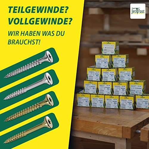Jet-Fast Premium Vis universelles 5,0 x 90 mm, 100 pièces, tête fraisée Duo, filetage partiel TX, bleu galvanisé, vis à bois, vis pour panneaux d'aggloméré, pointe Cut