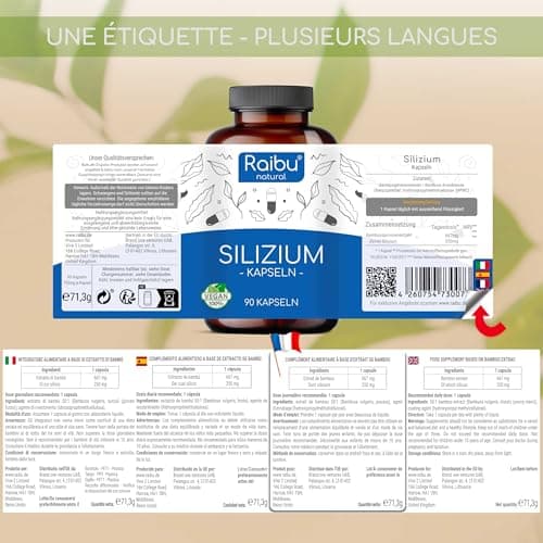 Silicium Organique Raibu - 667mg - 90 gélules pour 3 mois - 100% naturel, extrait de bambou - Sans additifs, testé en laboratoire, vegan - Raibu