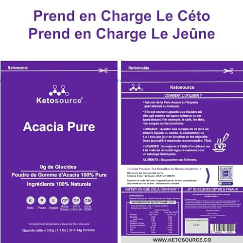 Fibre d'Acacia Pure | 0g de glucides | Zéro calories | Prend en charge le jeûne et le régime cétogène | Supplément de fibres solubles prébiotiques | Sans additifs | Sachet de 500g | Ketosource®