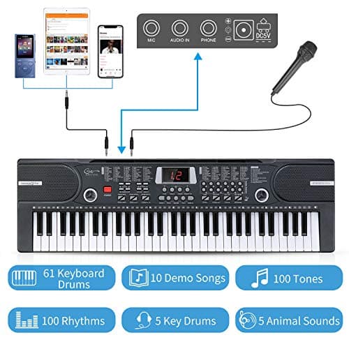 Hricane Clavier électronique 61 touches pour enfants, l'instrument de piano électronique portable pour débutant avec microphone, pupitre, autocollant (noir)