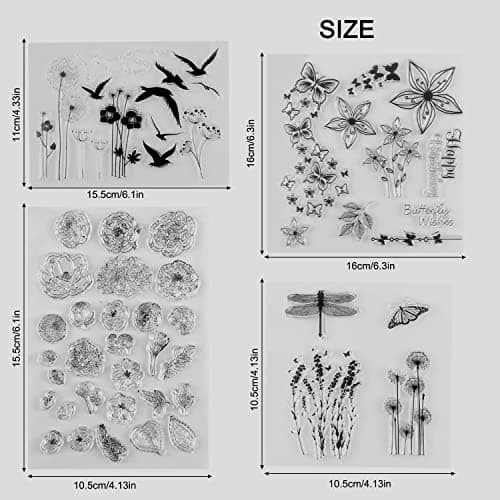 Tampons Scrapbooking Transparent Tampon Clear Oiseaux Fleur Tampon Silicone Transparents Personnalisé Stamp Tampons Scrapbooking Animaux pour Bullet Journal Album Agenda Décoration (4 Pièces)
