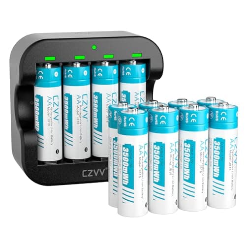 Piles Rechargeables Lithium AA 1,5V - Chargeur avec 12 Pack Accu Haute Capacité 3500mWh - Recharge Rapide 2H - Longue Durée 10 Ans, 1300 Cycles, Sortie Constante, Aux Souris, Claviers, Manettes de Jeu