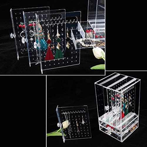 VINFUTUR Porte Présentoir Bijoux Boîte Rangement Boucle d'oreille Transparent 222 Trous avec 3 Tiroirs Plateaux Organisateur Maquillage pour Bijoux Collier Bracelet