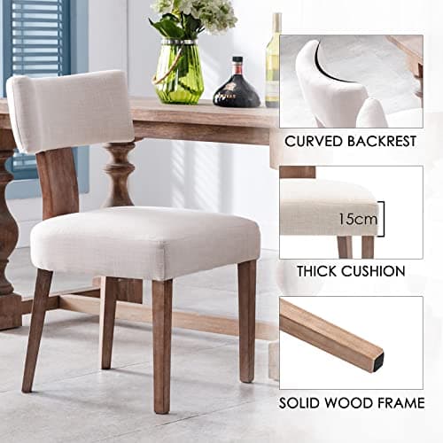 Wahson Lot de 2 Chaises Bois Salle à Manger en Tissu Chaise Cuisine avec Pieds Bois, Chaises de Salon Rembourrées Chaise Vintage, Crème