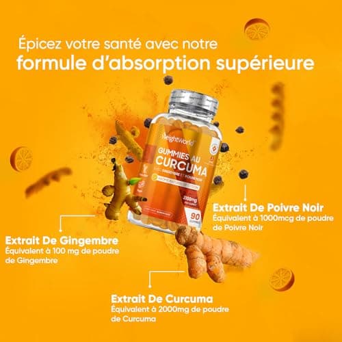 Curcuma gummies 2100mg, 90 Gummies Vegan (3 Mois) - Goût Citron - 95% de Curcuminoïdes - Faible en Sucre - Curcuma Gingembre Poivre Noir - Alternative au Curcuma en Gélules - Forte Absorption