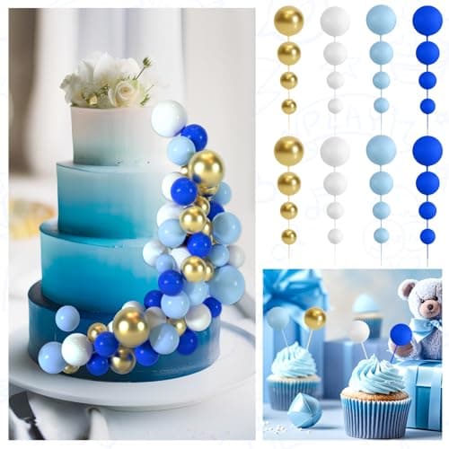 BOUBONI 48 Pièces Boules de Décoration de Gâteau Décorations de Cupcake en Ballon Boules de Gâteau pour Fête d'anniversaire Décoration de Gâteau (Bleu Roi, Bleu Clair, Blanc, Or)