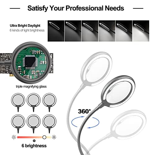 Loupe avec lumière à souder à la troisième main -Grossissement 3X -Lumière du jour -Avec lumière -Avec 28 LED à intensité variable-Base robuste-4 bras flexibles - Pour bricoler, souder, loisirs