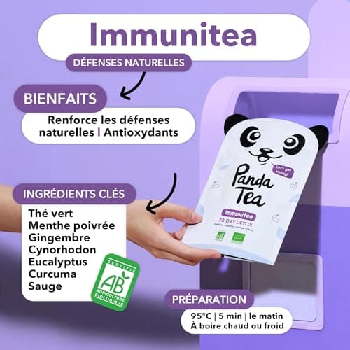 Panda Tea Thé Vert Immunitea | 28 Sachets Coton Bio | Renforce Défenses Naturelles | Gingembre, Menthe Poivrée, Sauge,Eucalyptus | Thé Défense Naturelle