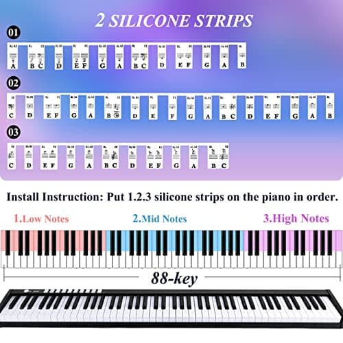 Amovibles pour Clavier de Piano, Autocollants Clavier Piano Pleine Grandeur, 88 Touches en Silicone pas Besoin de Coller Étiquettes Réutilisables, pour Piano pour Enfants Débutants et Adultes