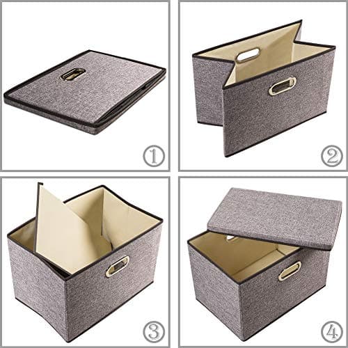 Prandom Grand bac de rangement pliable avec couvercle [1-Pack] Boîte de rangement décorative en tissu de lin Panier Cube avec poignées (45 x 30 x 30 cm)
