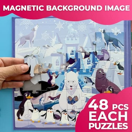 Quokka Puzzle Magnétiques Enfant de 3 à 5 Ans - 2x48 Pièces Jeux Puzzle de Voyage pour Enfants 4 6 Ans - Polaires et Jungle Animaux d'apprentissage Jouet d'Activités de Voiture pour Enfants 2 4 Ans