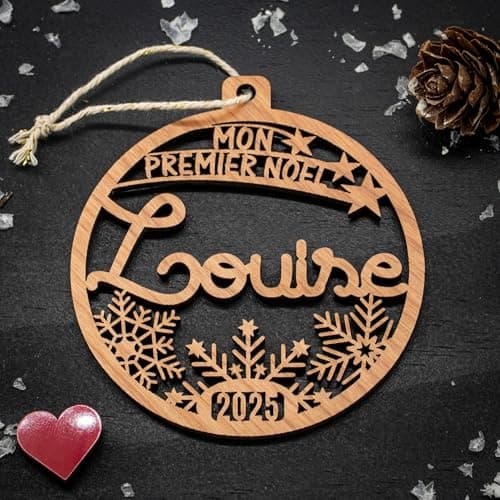 Boule de Noël Mon premier Noël, prénom et année personnalisable, Décoration en bois pour sapin, étui cadeau en option. Cadeau de Noël, naissance.