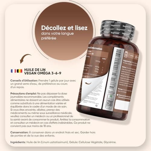 Omega 3 Vegan Pressée à Froid Huile de Lin 1000mg, 180 Gélules Pour 6 Mois, Alternative À l'Huile d’Algues, Oméga3 6 9 Source DHA, EPA et d'Acide Alpha Linolénique