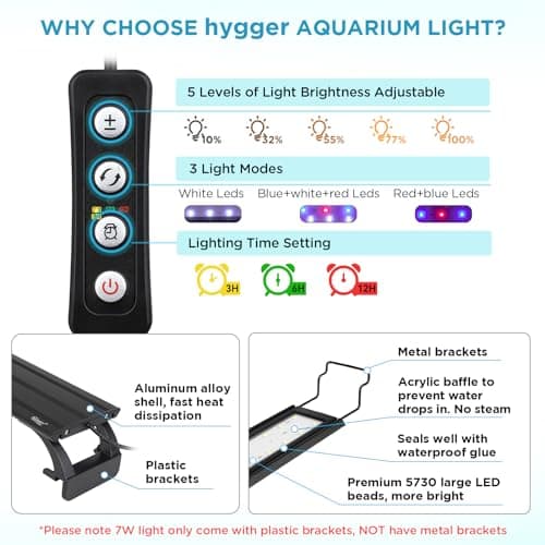 Hygger 9W Lampe Led Aquarium, 28-48cm Rampe Led avec Minuterie, Dimmable, Support reglable, pour Eclairage(Blanc, Bleu, Rouge)