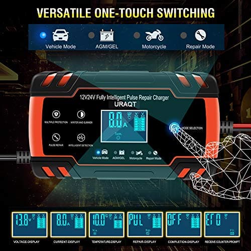 URAQT Mainteneur de Chargeur de Batterie Intelligent 8A 12V/24V avec LCD Tactile Écran Protections Multiples de Réparation pour Voiture, Camion/AGM/Gel/Wet/SLA