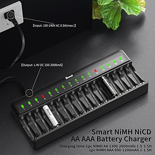 BONAI Chargeur Piles Rechargeable Rapide, 16 Slots Rechargeable Chargeur Piles pour AA AAA Ni-MH Ni-CD avec lumière LED et Câble de Charge AC, Contrôle Indépendant, Chargeurs intelligents