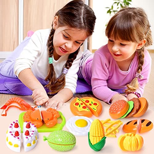Fegalop 32 Pièces Jouets en Plastique Fruits et Légumes à Découper, Dinette Enfant Accessoire Cuisine Jouet, Chef Jeu de rôle avec,Cadeau Parfait pour Noël et fête d'anniversaire 3 Ans (Bleu)