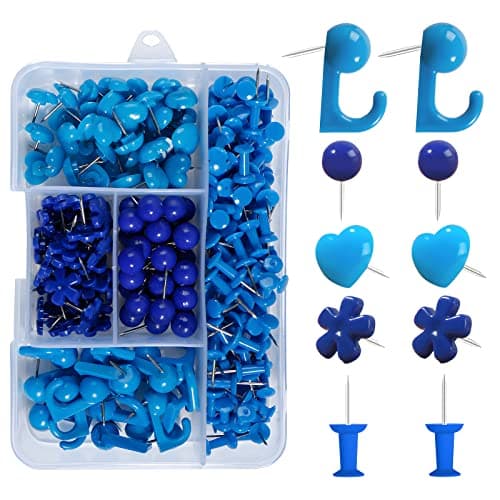VAPKER Lot de 215 punaises bleues – Rondes, plates, en forme de cœur et standard avec pointe en acier