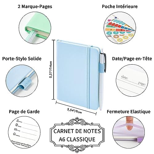feela 3 Carnet de Notes de Poche A6 avec 3 Stylos Noirs, Page Lignée, Petit Carnet de Poche à Couverture Rigide avec Porte-Stylo, Bloc Note A6, 9x14cm, Pastel (Bleu Clair, Violet Clair, Vert Clair)